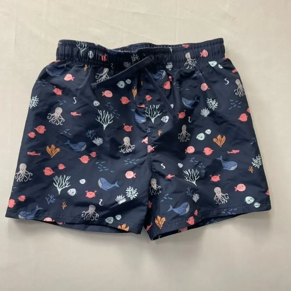 H&M Kids Navy Blue Sea Life Print Swim Trunks Whales Octopus Size 3/4T 0918657 3